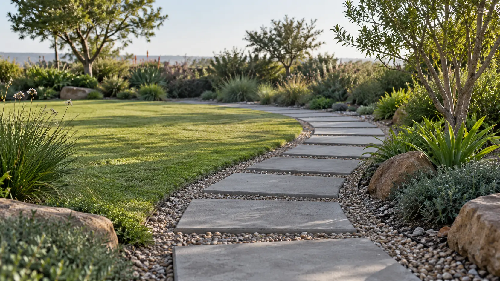 Concrete stepping stones arranged in a garden path